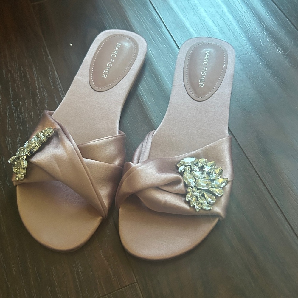 Marc Fisher Blush Satin Slides with Crystal Embellishment